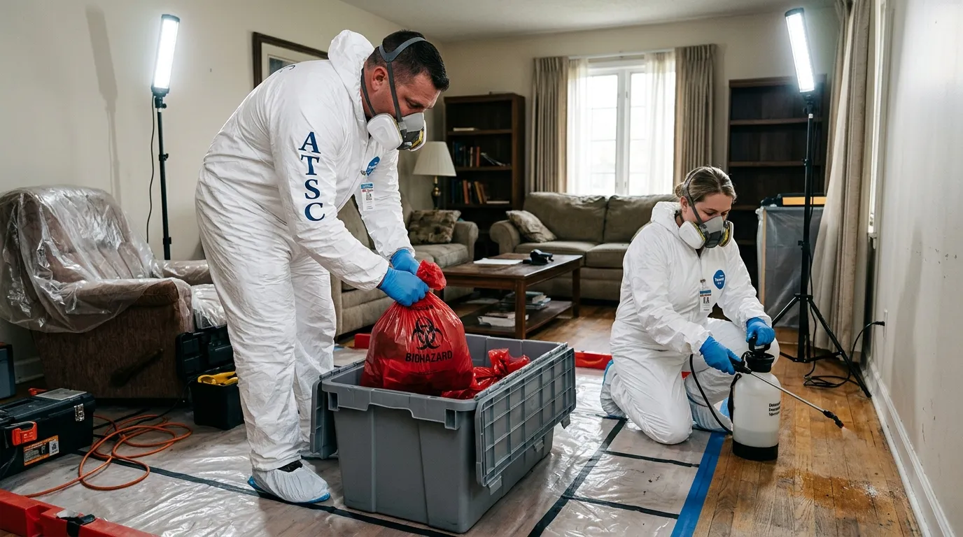 Professional Biohazard Cleanup technician in full PPE working in Grosse Pointe Park